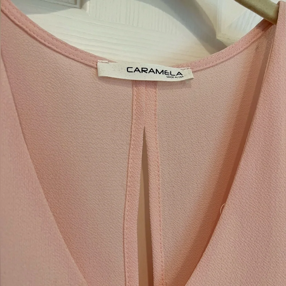 Caramela Pink Peplum Blouse with Sleeves V Neck Open Back Preppy